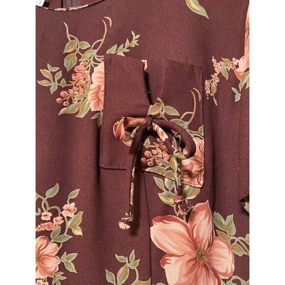 Vintage CDC Women's Brown and Pink Floral Flower Short Sleeve Dress Size 8 - Picture 6 of 9